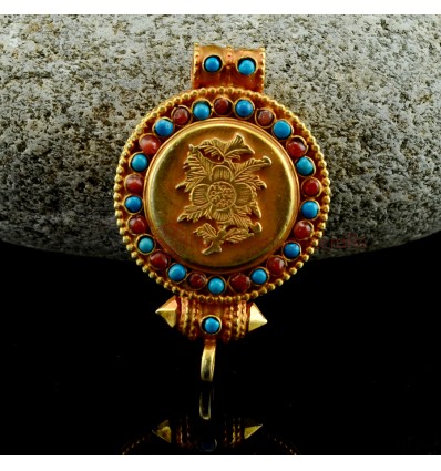 FINE QUALITY GOLD PLATED SILVER TURQUOISE CORAL STONES FLOWER GHAU GAU PRAYER BOX PENDANT FROM PATAN, NEPAL