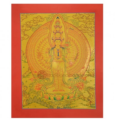 Gold 15.5" x 12.25"1000 Armed Avalokiteshvara Thankga Painting