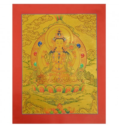 Gold 15.5" x 12"Chenrezig Thangka Painting