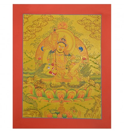 Gold 15.5" x 12.25" Lion Dzambhala / Vaishravana Thangka Painting