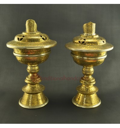 Fine Hand Carvings 6" Tibetan Buddhism Brass Butter / Ghee Lamps Set from Nepal.