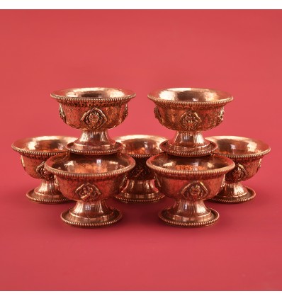 Finely Hand Carved Copper Alloy 2.5" Tibetan Buddhist Offering Bowls Set from Nepal