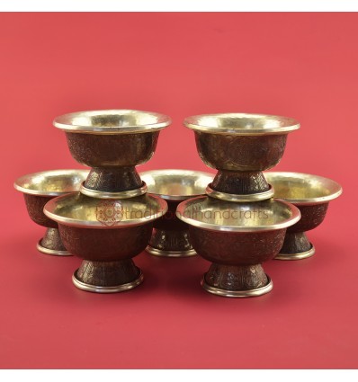 Oxidized Copper Alloy Silver Plated Finely Carved Tibetan 3.75" Offering Bowls Set