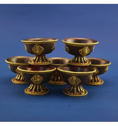 Gold Gilded Finely Carved Oxidized Copper Alloy Tibetan 3.25" Offering Bowls Set