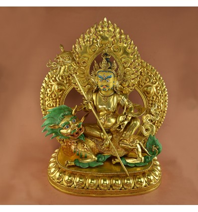 Fine Quality Hand Carved 24" Lion (Yellow) Dzambhala Copper Statue From Nepal, Patan