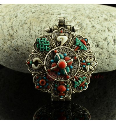 Fine Quality Silver with Turquoise Coral Stones Ashtamangala Ghau Gau Prayer Box Pendant from Patan, Nepal