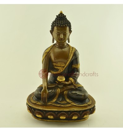 Hand Made 11.5" Shakyamuni Buddha Oxidized Copper Alloy Gold Gilded Statue, Patan