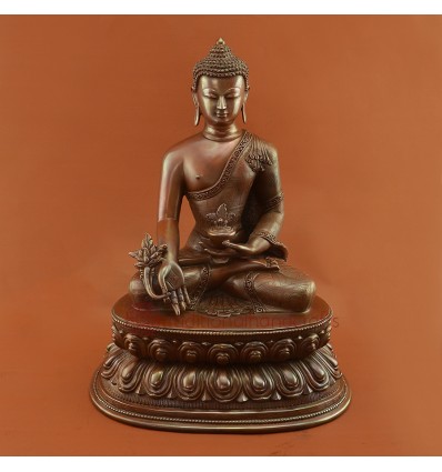 Oxidized Copper Alloy 12.5" Medicine Buddha / Menla Statue from Patan, Nepal