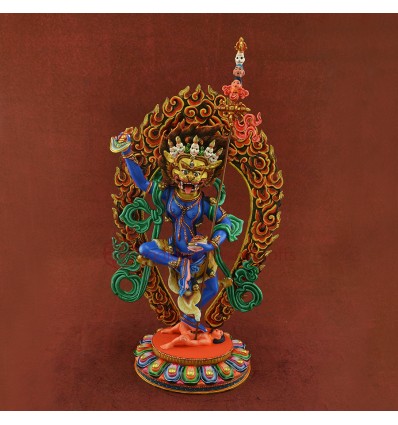 Fine Quality 13.75" Simha Mukhi Jogini Statue Copper Alloy with Gold Gilded and MultiColor Finish.