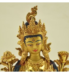 Fine Quality 9" Green Tara Copper Gold Gilded Hand Carved Gold Face Painted Statue from Patan, Nepal