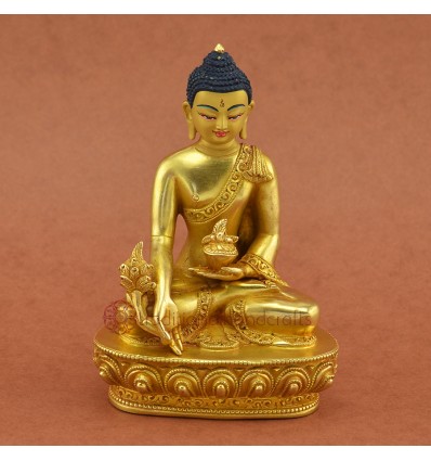 Finely Carved Face Painted 5.5" Medicine Buddha Copper Gold Gilded Statue From Patan, Nepal