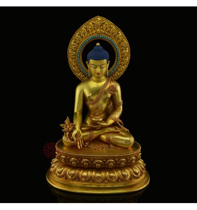 Fine 15.25" Medicine Buddha / Sangye Gold Gilded Face Painted Copper Statue Frm Patan, Nepa