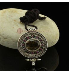 Fine Quality Tibetan BuddhistSilver with Smoky Topaz, Ruby and Emerald Stones Pendant From Patan, Nepal.