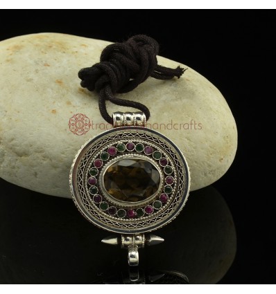 Fine Quality Tibetan BuddhistSilver with Smoky Topaz, Ruby and Emerald Stones Pendant From Patan, Nepal.