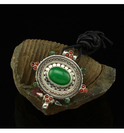 Fine Quality Tibetan Buddhist Silver with Zed, Coral and Emerald Stones Ghau / Pendant / Prayer Box From Patan, Nepal.