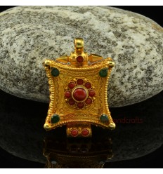 Fine Quality Tibetan Buddhist 24 Karat Gold Gilded Silver with Coral and Emerald Stones Ghau rom Patan, Nepal.