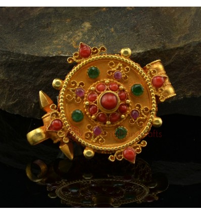 Fine Quality Tibetan Buddhist 24 Karat Gold Gilded Silver with Coral, Ruby and Emerald Stones Ghau 