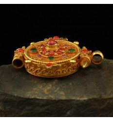 Fine Quality Tibetan Buddhist 24 Karat Gold Gilded Silver with Coral, Ruby and Emerald Stones Ghau 