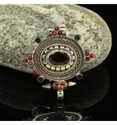 Fine Quality Tibetan Buddhist Silver with Smoky Topaz, Coral and Emerald Stones Ghau