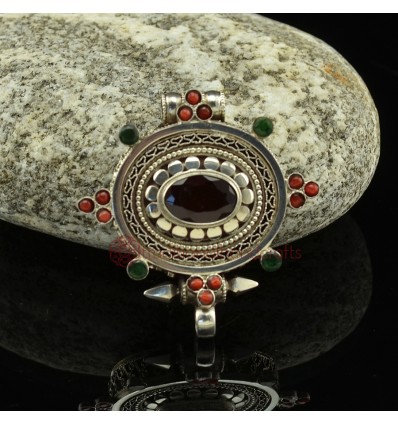 Fine Quality Tibetan Buddhist Silver with Smoky Topaz, Coral and Emerald Stones Ghau