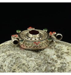 Fine Quality Tibetan Buddhist Silver with Smoky Topaz, Coral and Emerald Stones Ghau