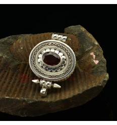 Fine Quality Tibetan Buddhist Silver with Garnet Stone Pendant