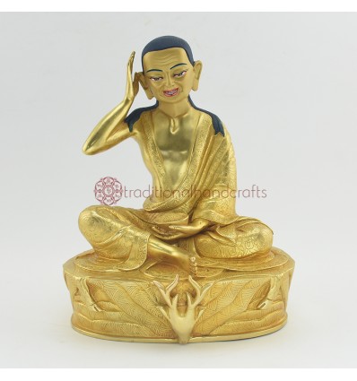 Fine Quality Gold Gilded with Face Painted Hand Carved 7.5" Guru Milarepa Copper Statue