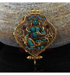 Gold Plated Green Tara & Chenrezig Silver Ghau / Pendant / Prayer Box