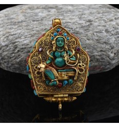  Gold Plated  Green Tara & Manjushri Silver Ghau / Pendant / Prayer Box