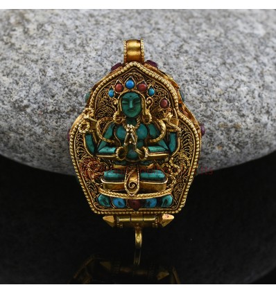 Gold Plated Chenrezig & Yellow Dzambhala Silver Ghau / Pendant / Prayer Box