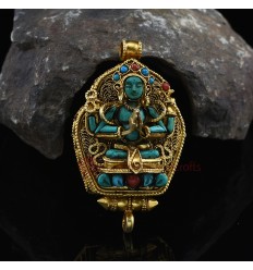 Gold Plated Chenrezig Silver Ghau / Pendant / Prayer Box