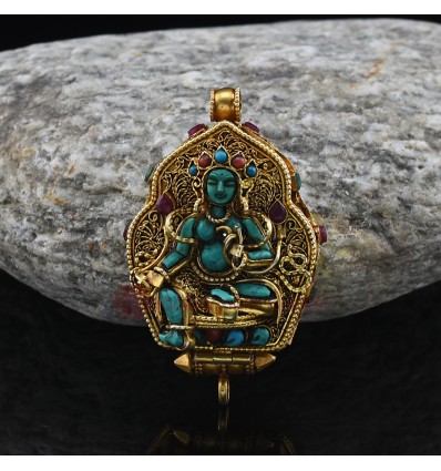 Gold Plated Green Tara & Manjushri Silver Ghau / Pendant / Prayer Box