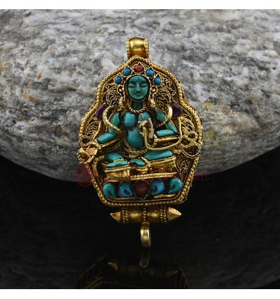 Gold Plated Green Tara / Dolma Silver Ghau / Pendant / Prayer Box