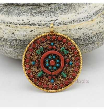  Gold Plated Silver Dharma Wheel Silver Pendant From Patan, Nepal.