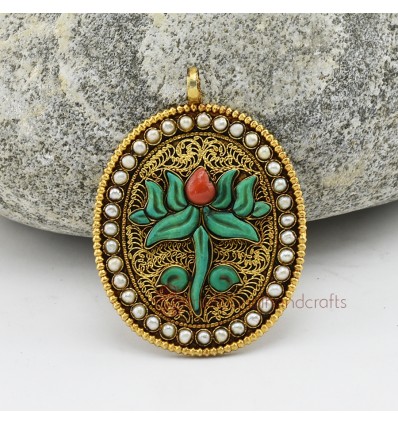 Gold Plated Silver Kamal - Lotus Flower Silver Pendant From Patan, Nepal.