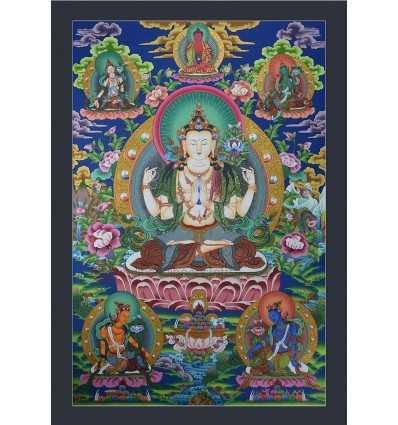 Fine Quality 33" x 22.5" Chenrezig / Avalokiteshvara Thangka Scroll Painting