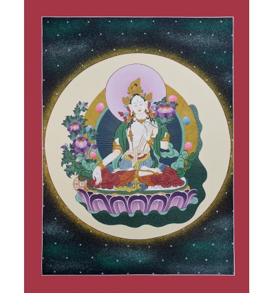 21.5" x 16.5" White Tara Tibetan Buddhist Scroll Thangka Painting