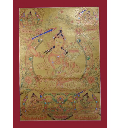 33.5" x 25" Gold  Pancha Manjushri Thangka Painting