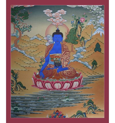 32" x 27" Medicine Buddha Thangka Scroll Painting From Patan, Nepal.