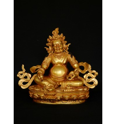 Hand Carved 9.25" Yellow Jambhala Copper Alloy Gold Gilded Antique Finish Statue From Patan, Nepal