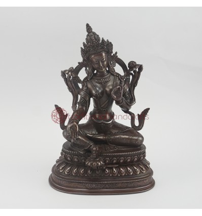 Hand Carved 9.5" Green Tara / Dholma Oxidized Copper Alloy  Statue 