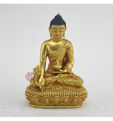 Hand Made 5.5" Medicine Buddha / Menla Gold Gilded with Face Painted Copper Statue Patan, Nepal