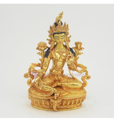 Hand Made  Gold Face Painted 9" Green Tara / Drolma Copper Gold Gilded Statue Patan