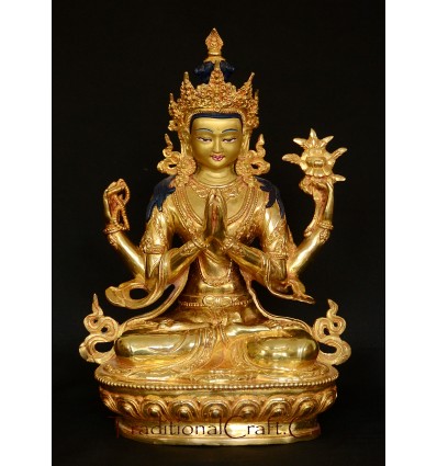 Fine Quality 12" Chenrezig Copper with Gold Gilded Hand Carved Gold Face Painted Statue Patan