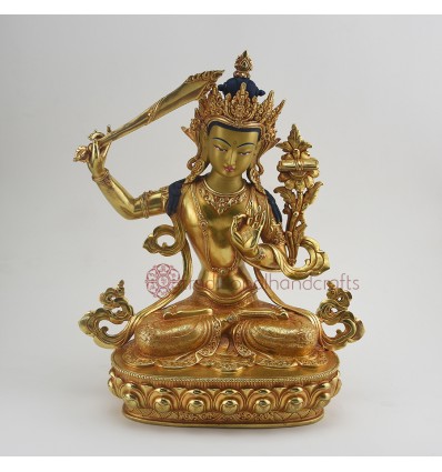 Hand Made Copper Alloy with Gold Gilded 13.75" Manjushri / Jampelyang Statue