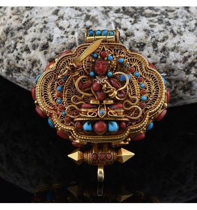 Manjushri_Chenrezig Gold Plated Silver Ghau / Pendant / Prayer Box