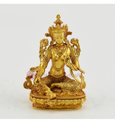 Machine Made Tibetan Buddhist Gold Plated 4" Green Tara / Dholma Statue