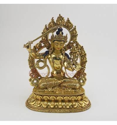 Hand Carved Copper Alloy with Gold Gilded 10.5" Manjushree / Jampelyang Statue