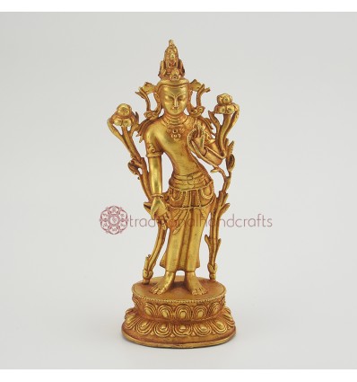 Tibetan Buddhist Gold Plated Copper Alloy 7.5" Padmapani Lokeshvara Statue