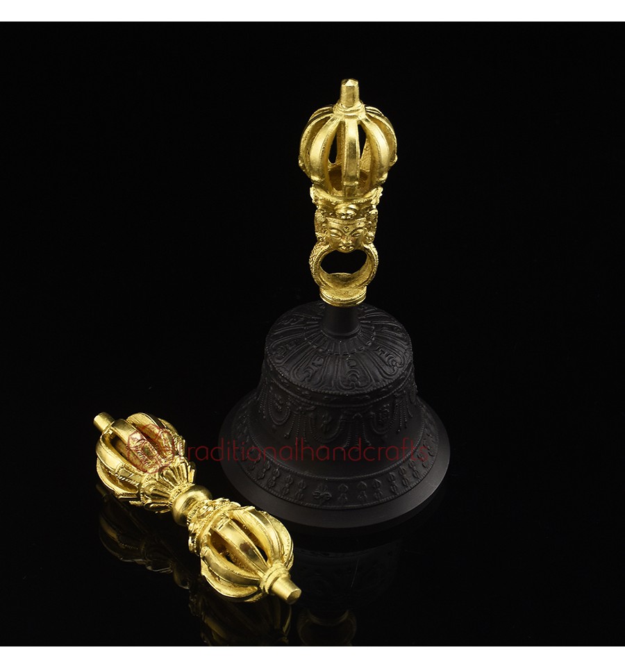 Tibetan Bell 6”, Ghanta & Dorje, Brass Bell and Vajra with Detail